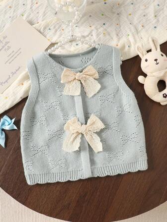 WUHUANG YIYI Girls Casual Hollow Bow Lace Loose Thin V-Neck Sweater Vest Cardigan, Daily Wear, New Autumn Collection