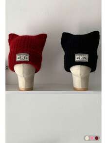 Gorro de punto de unicolor con aplicación de orejas de gato, gorro de punto unisex simple y versátil con protección de orejas cálida, nuevo y adorable gorro de punto con orejas de gato para mujeres, gorro de punto grueso y cálido con protección de orejas para otoño/invierno