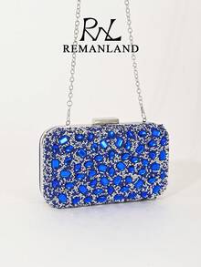 REMANLAND 闪亮优雅的盒形手拿包，时尚手提包，饰有蓝色水钻链条，适合女士参加派对、婚礼、正式晚宴、宴会等场合，是派对女孩和女士的理想之选，也是送给女性的绝佳礼物。 - 寶藍色 - 查看 6
