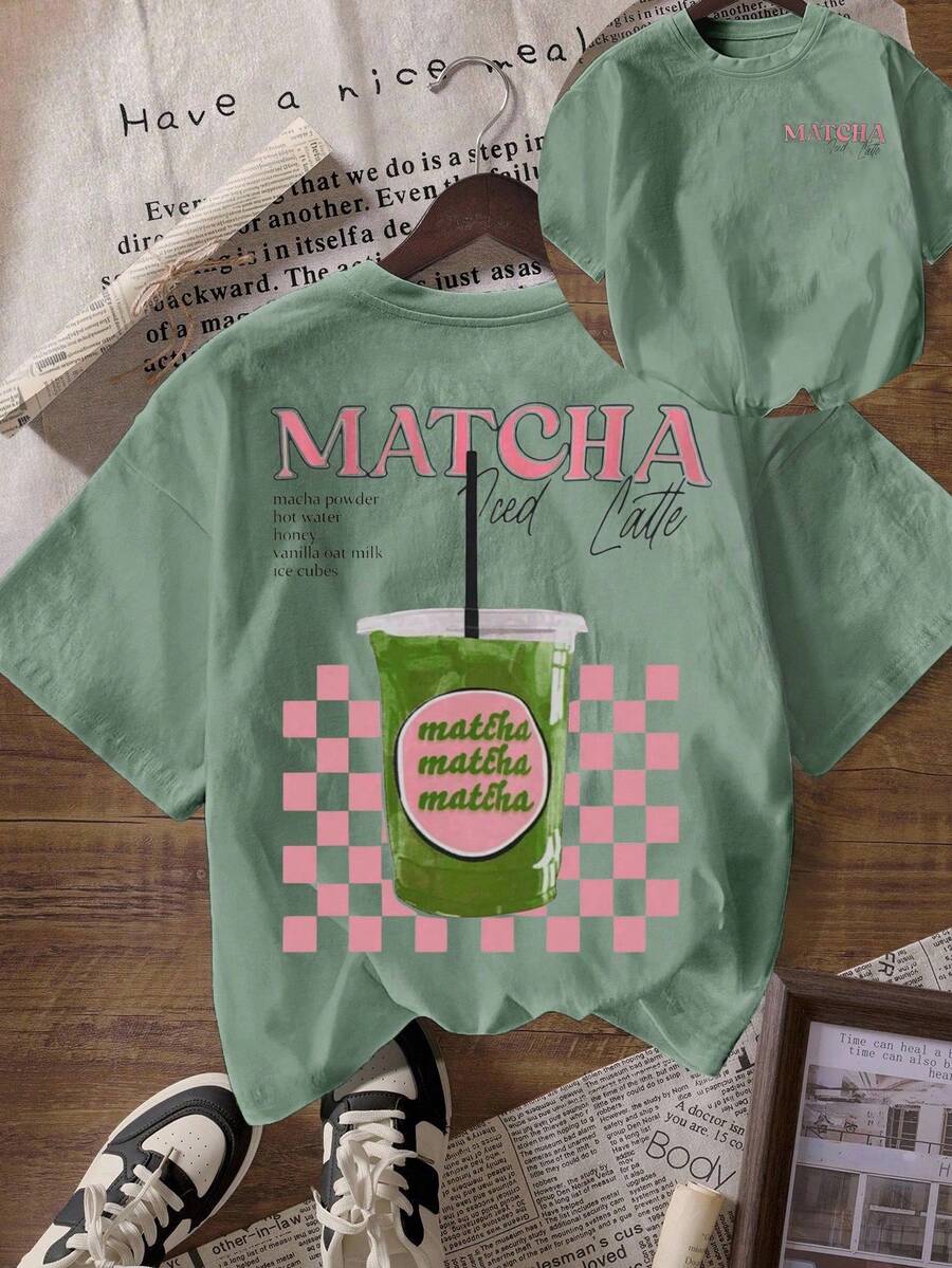 تي شيرت نسائي كاجوال بتصميم الماتشا بياقة طاقم وأكمام قصيرة، صيفي