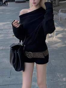 2025秋冬女士黑色露肩毛衣外套，宽松针织套头衫 - 黑色 - 查看 5