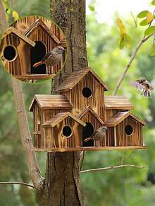 Outdoor Bird House - Natural Wooden Hummingbird And Red Sparrow Nest Box, Natural Wooden Hummingbird House, Hanging Solid Wood Bird Nest, Garden Outdoor Hummingbird Courtyard Decoration Garden Gifts, Pet Supplies - 棕色 - 查看 6