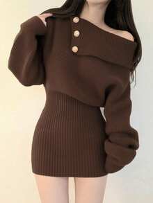 韩版简约露肩修身毛衣裙