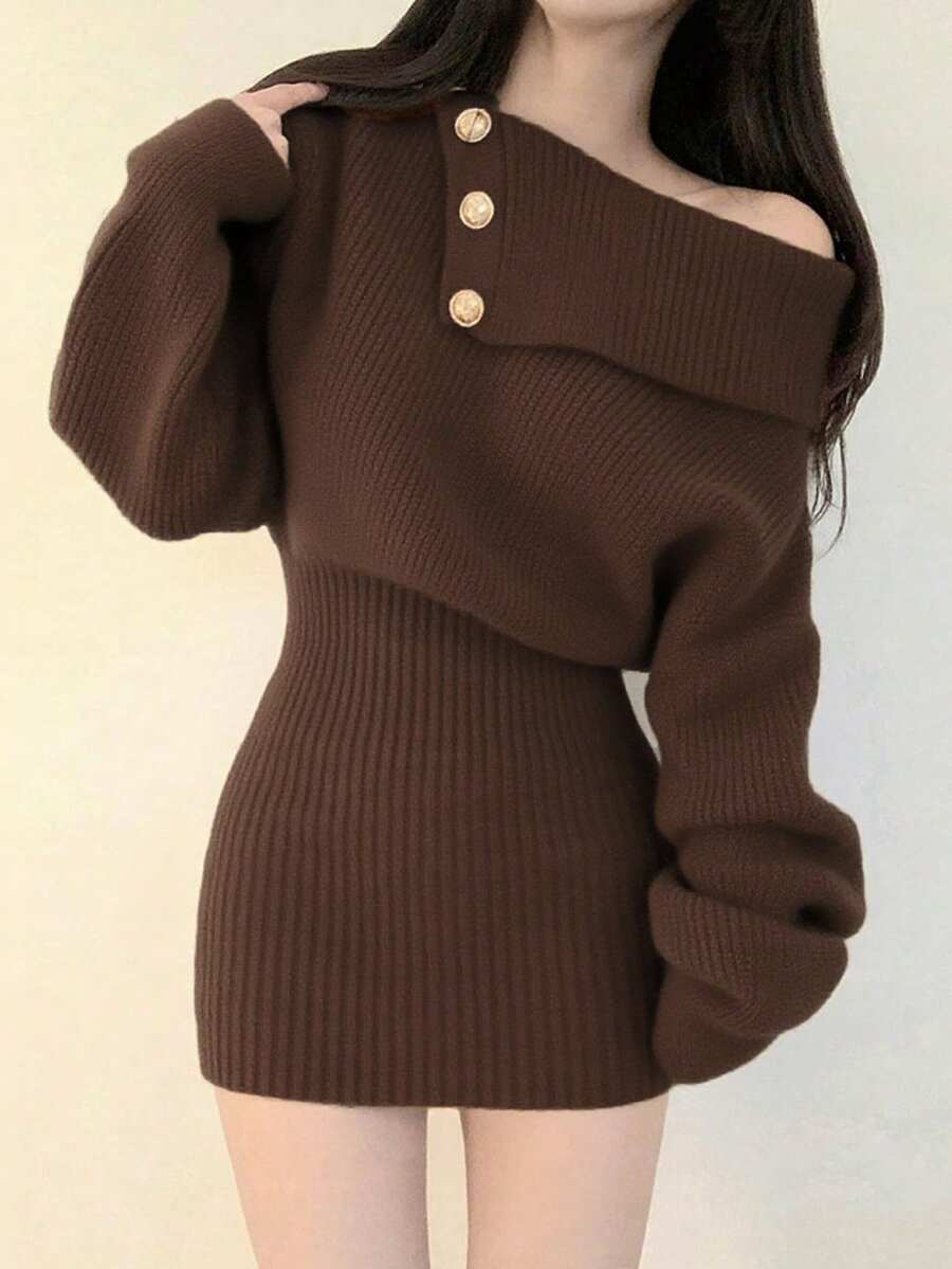 韩版简约露肩修身毛衣裙