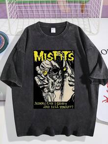 Men's T-Shirt, Retro, Rock Band Misfits Themed, Print, Pattern, Loose Fit, Short Sleeved, Top 004-A - 黑色 - 查看 1