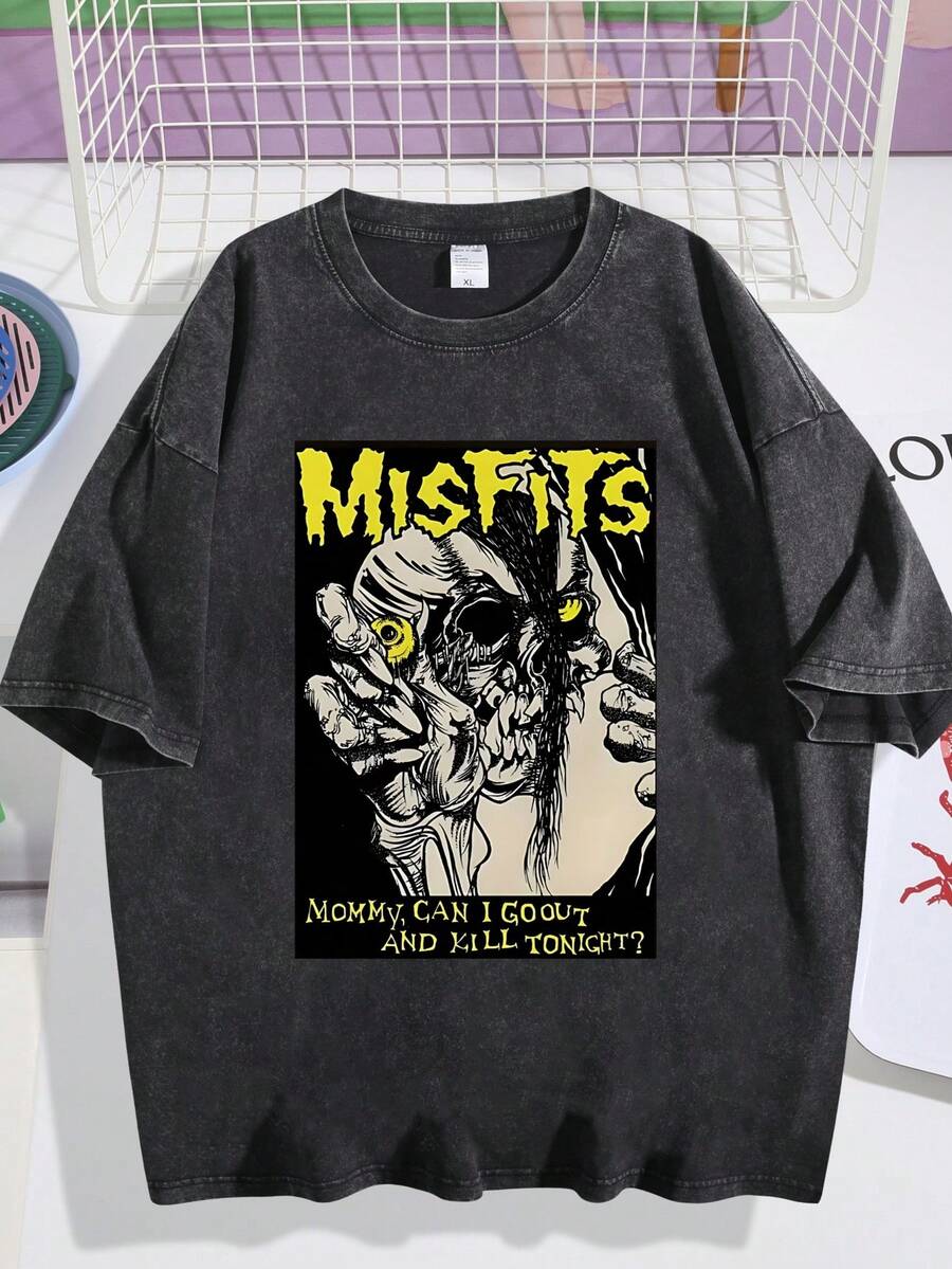 Men's T-Shirt, Retro, Rock Band Misfits Themed, Print, Pattern, Loose Fit, Short Sleeved, Top 004-A - 黑色 - 查看 1