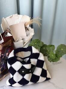 New For Fall/Winter 2025: Women's Knit Crossbody Bag/Handbag With A Simple Contrast Check Pattern. Perfect For Work Or Outings.