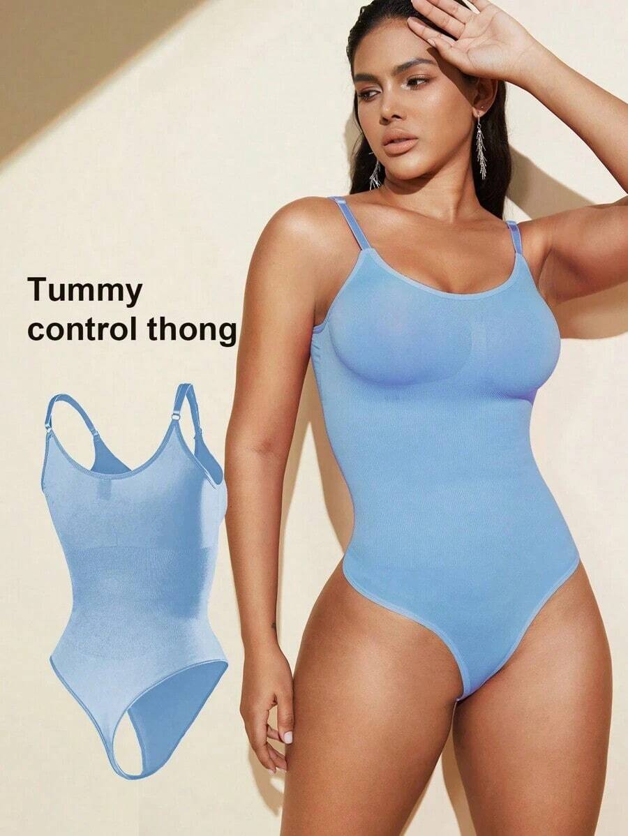 1pc Women Seamless Shaping Bodysuit With Thong Bottom, Slimming Bodyshaper Tummy Control Flat Belly Sheath Jumpsuit Shapewear Waist Trainer Shaper - 藍色 - 查看 1