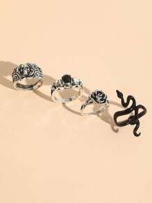 Set de 4 anillos con diseños de calavera, serpiente y rosa en estilo punk - Plata antigua - Ver 2