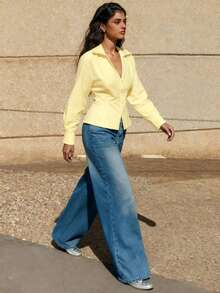 JZXFS Fall Women Clothes Casual Office Simple Solid Color Tight Long Sleeve Shirt Spring - Light Yellow - View 1