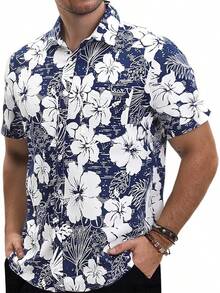 Hawaiian Shirt For Men Short Sleeve Floral Printed Casual Button Down Summer Beach Dress Shirts-20256688 - Navy09 - View 9