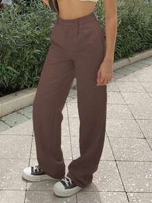MYOURSA 女士休闲纯色前褶直筒修身裤 春季款 - 巧克力棕 - 查看 5