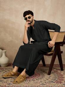 穆斯林男士休闲纯色传统阿拉伯长袍 - 黑色 - 查看 5