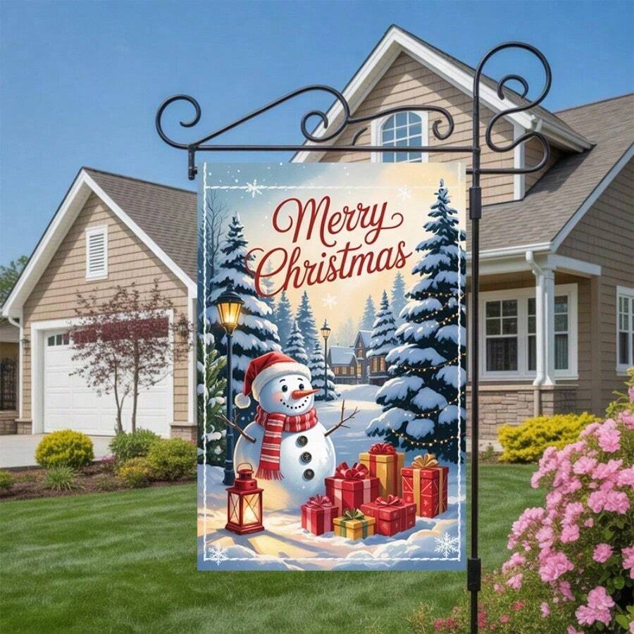 2D Flat, 1pc Double-Sided Snowman Christmas Yard Decoration Flag With Merry Christmas Lettering - Washable Polyester Outdoor Holiday Banner, No Electricity Needed, All-Weather Snowy Winter Scene With Snowman & Presents For Lawn, Porch, Garden - Easy To Hang With Hooks (Pole Not Included) - Festive Winter Welcome Sign,