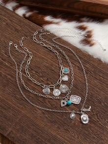 4 件西部乡村女牛仔风格金属扣靴子、帽子、吊坠、多层项链、复古时尚绿松石装饰项链、女士日常配饰首饰套装 - 彩色 - 查看 8