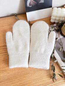 1 Pair Women's Solid Color Rabbit Thermal Lined Double-Layer Thick Knitted Fingerless Gloves, Suitable For Parties, Driving, Cycling, Hiking, Running, Keeping Warm In Cold Weather