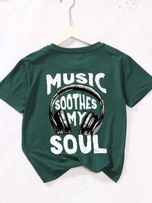 Boys' Casual Stylish Music Artist Headphone Print Round Neck Short Sleeve T-Shirt, Summer New Kids Tops - Dark Green - View 2