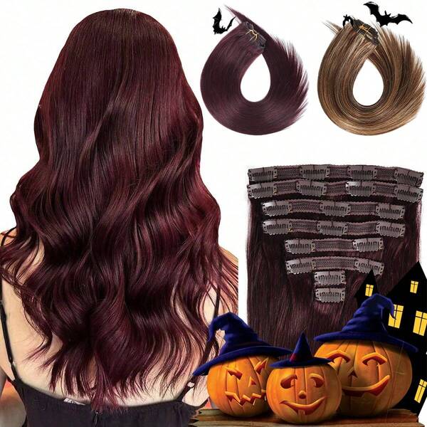 Clip In Hair Extensions Real Human Hair, Premium Human Hair Clip In Extensions Burgundy Red, Soft Straight Hair Extensions Real Human Hair Clip Ins 8PCS 120G Double Weft #99J Halloween Costumes