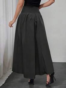 Elegant Women's A-Line Skirt, Suitable For Dates, Student Wear, Daily Travel, Versatile, Casual, Beach And Other Occasions. Elegant And Casual Women's A-Line Skirt, Solid Color, Waist-Shaping, Pleated Design, Woven Fabric, Available In Multiple Colors, Suitable For Outings And Can Also Be Worn As Loungewear. - Black - View 2
