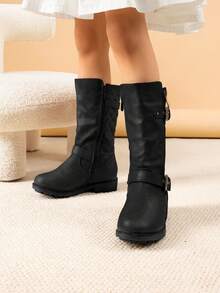Girls' Knee-High Winter Motorcycle Boots | Faux Fur Lined | Cold Weather Riding - 黑色 - 查看 2