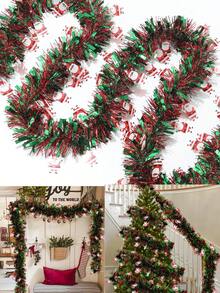 1 Set Christmas Tinsel Garland, Red And Green Metallic Twist Decorative Ribbon With Shiny Ornaments, Plastic Christmas Tree And Party Supplies, Indoor And Outdoor Holiday Decor, No Power Needed, Halloween Decoration - Multicolor - View 2