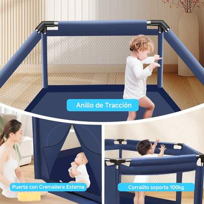 Corrales Para Bebés corralitos Plegable De Juegos Bebés Y Niños Corralito Hexagonal Transportable Corral De  Gimnasio Con marco de tiro Material de acero inoxidable Para Interior Exterior Tamaño: 130 CM * 113 CM * 65 CM Rango de edad: 3 meses - 5 años Contenido del embalaje: * 1 funda de tela con malla * 6 conectores PP * 6 bases de conectores * 18 tubos de acero inoxidable * 1 instrucciones