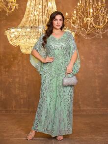 UNITHORSE UNITHORSE Plus Women's Cape Sleeves Sequins Patchwork Mesh Fabric Slim-Fitting Long Evening Dress