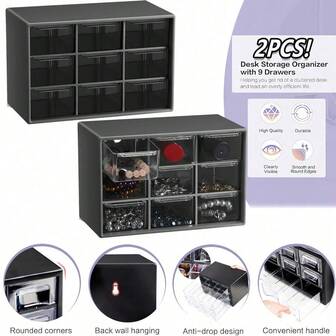 2 件小型抽屉整理器，适用于办公桌，迷你储物抽屉，教师工具箱整理器，带 9 个透明抽屉，小型塑料桌面教师办公桌工艺整理器，适用于教室办公室 DIY 工艺品