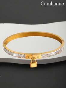 1PC Fashionable Retro Stainless Steel Mud Diamond Padlock Bracelet Suitable For Women's Daily Or Special Occasions, Casual, Party, Valentine's Day, Christmas Gifts - Yellow Gold - View 3