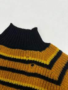 Suéter de punto con cuello alto, manga larga acampanada, rayas y desgaste para mujer, para otoño/invierno - Mostaza Amarilla - Ver 4