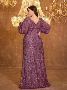 UNITHORSE Plus Size V-Neck Lantern Sleeve Sequin Patchwork Waist Fishtail Hem Formal Banquet Party Dress - Red Violet - View 3