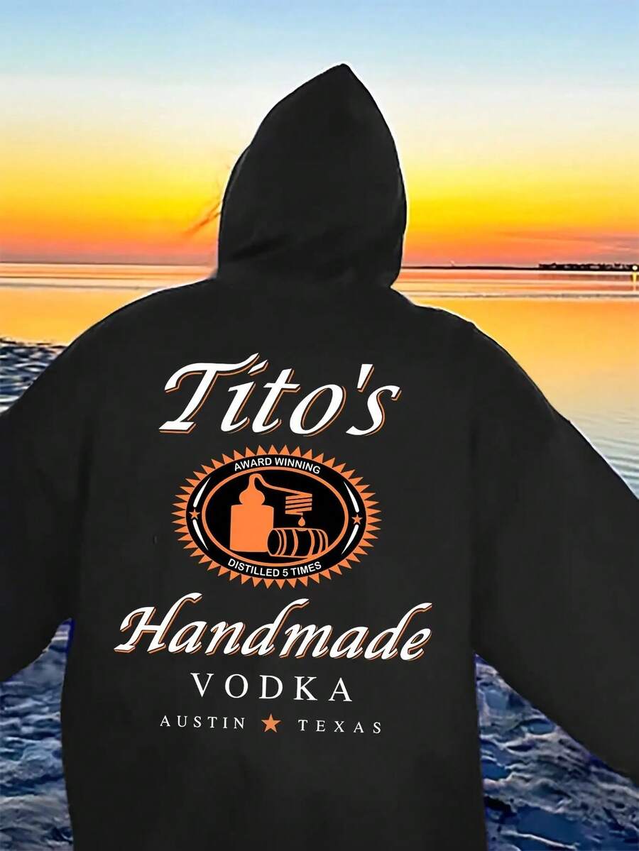 Unisex Adult Large Tito's Handcrafted Vodka Austin Texas Hoodie - Soft Polyester Casual Knitted Pullover With Hood, Letter Print, Comfortable Pockets, Suitable For All Seasons, Machine Washable, Halloween, Christmas Gifts - Black - View 1