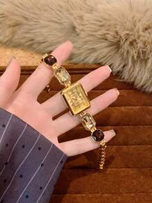 1 chiếc đồng hồ nữ thạch anh bóng bẩy, mặt vuông, thời trang và đa năng cho đeo hàng ngày, có sẵn màu hồng/vàng/đen. - Vàng - Xem 5
