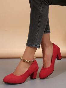 大码女士经典纯黑色高跟鞋 - 圆头设计 - 尺码 35-43 - 优质天鹅绒材质，光滑舒适 - 黑色高跟鞋，纯色低帮软底坡跟厚跟套脚鞋 - 优质材料，穿着舒适 - 厚底中跟防滑圆头套脚女鞋 - 时尚百搭 - 紅色 - 查看 6