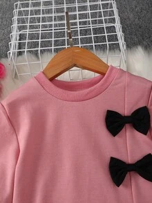 2件套年轻女孩休闲蝴蝶结装饰上衣和裤子套装 - 珊瑚粉 - 查看 3