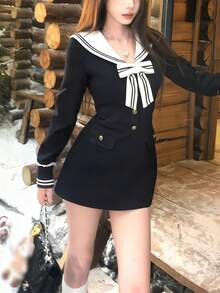 1 件海军蓝领子收腰长袖制服连衣裙，蝴蝶结装饰甜美性感迷你连衣裙，女子团体舞台表演和毕业服装 - 藏蓝色 - 查看 4