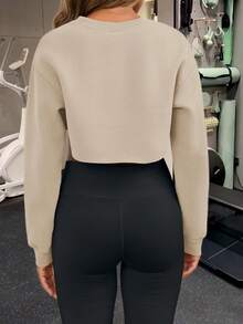 Womens Cropped Sweatshirt Shrug Long Sleeve Workout Gym Cover Up Bolero Y2K Super Crop Tops - Khaki - View 5