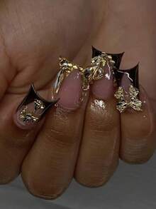 10片/套 手工制作 Y2K 坏女孩风格亚克力美甲贴片，棕色、裸色、金色，法式美甲，雕刻图案，十字架、美元、珠子元素，适合派对、婚礼、日常佩戴，附赠工具包，是送给女性和女孩的绝佳礼物，美甲用品 - 黑色 - 查看 2