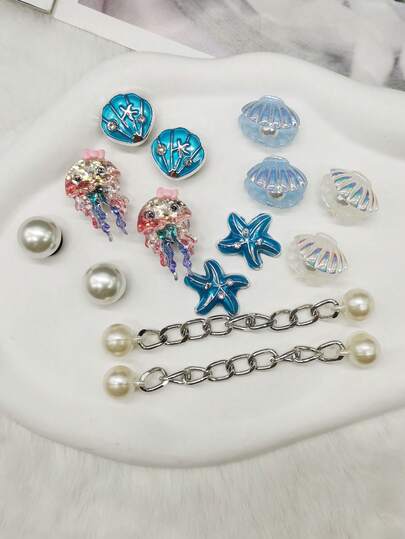 14PCS ABS Resin Colorful Lovely Ocean Style Jellyfish Starfish Shoe Charms Ornaments Bling Rhinestone Shell Shoes Decorations Removable Faux Bead Chains Shoe Buckles Accessories DIY Mutlifunctional Shoe Clips Fit Women Lady Sandals Slides Beach Bags Xmas Halloween Valentine Birthday Festival Party Gifts(Shoes Not Included)