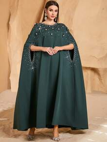Vestido elegante y conservador de estilo árabe para mujer con adornos de cuentas - Verde Oscuro - Ver 4