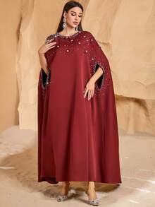 Solessence Women's Elegant Conservative Arabic Style Dress With Beaded Embellishments - Burgundy - View 6
