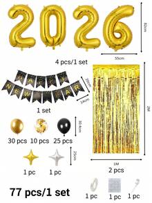 kumozawa 77 件/套 - 新年快乐气球套装、新年烟花拉旗、金色背景金箔窗帘和金色和黑色乳胶气球、2026 年除夕照片背景、除夕派对装饰、2026 年新年派对用品，适用于 2026 年新年派对和家庭聚会 - 彩色 - 查看 2