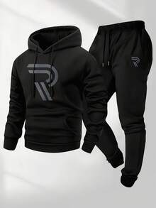Men's Two-Piece Set, Casual Round-Neck Long-Sleeved Hooded Sweatshirt And Sweatpants Set, Suitable For Winter And Autumn, Sportswear Set, Sweater Hooded Shirt, Sweatshirt, Sweatpants, Hooded Shirt, Jogging Pants - 黑色 - 查看 3