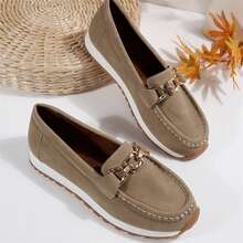 Casual Comfortable Women Loafers Lightweight Slip On Low Top Round Toe Fashion Chain Decorated Shoes - 駝色 - 查看 3