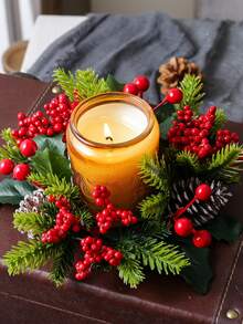1 Pc Christmas Decorative Garland, Candle Holder Decoration Ring, Red Berry Pine Cones, Pine Needle Candle Holder, Scented Candle Cup Decorative Garland, Christmas Decoration, Home Decor, Bedroom Decor, Christmas Gifts, Autumn Decor.