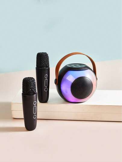 K16 便携式卡拉OK音乐播放器，无线麦克风，适合户外节日欢唱、休闲假日音乐欣赏，马卡龙色外观，带灯光效果的扬声器，生日礼物。扬声器电池：DC3.7V-800mAh，麦克风电池：DC3.7V-300mAh