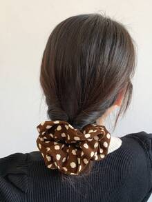 1 件波尔卡圆点超大发圈，厚灯芯绒纹理，多功能发饰，适合浓密的头发，秋冬颜色：米色、白色、黑色、发带、发圈 - 棕色白點 - 查看 6