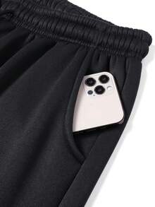 1 قطعة بنطلون رياضي دافئ مبطن للرجال مع جيوب وسحاب، رقعة جلدية ذات لون متباين، خصر قابل للتعديل، حافة مرنة، مريح للارتداء - الأسود - مشاهدة 4