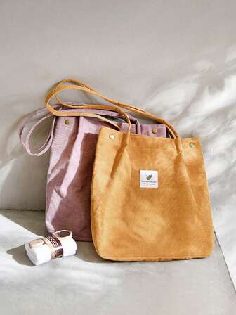 Random Label Text Corduroy Girls Handbag With Inner Pocket, Suitable For Work, Travel And Shopping