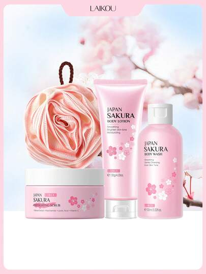 1set Moisture Repair LAIKOU Sakura Shower Set (Japan Sakura Body Lotion 120g & Japan Sakura Exfoliating Scrub 100g & Japan Sakura Body Wash 100ml & Shower Ball) Cleansing Healthily Skincare Set Skin Repair Skin Care Gift Bag For Travel, Camping, Hiking, Climbing, Outdoor Self Care Gifts For Mom